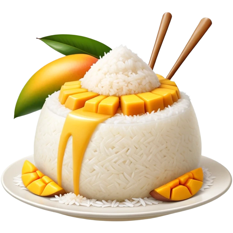 cinematic-realistic-mango-sticky-rice-dessert-emoji,-showcasing-sweet-sticky-rice out of a mould-paired-with-ripe-mango-slices-and-coconut-milk-rendered-with-lifelike-detail-and-warm,-inviting-lighting with the coconut  milk over the rice emoji