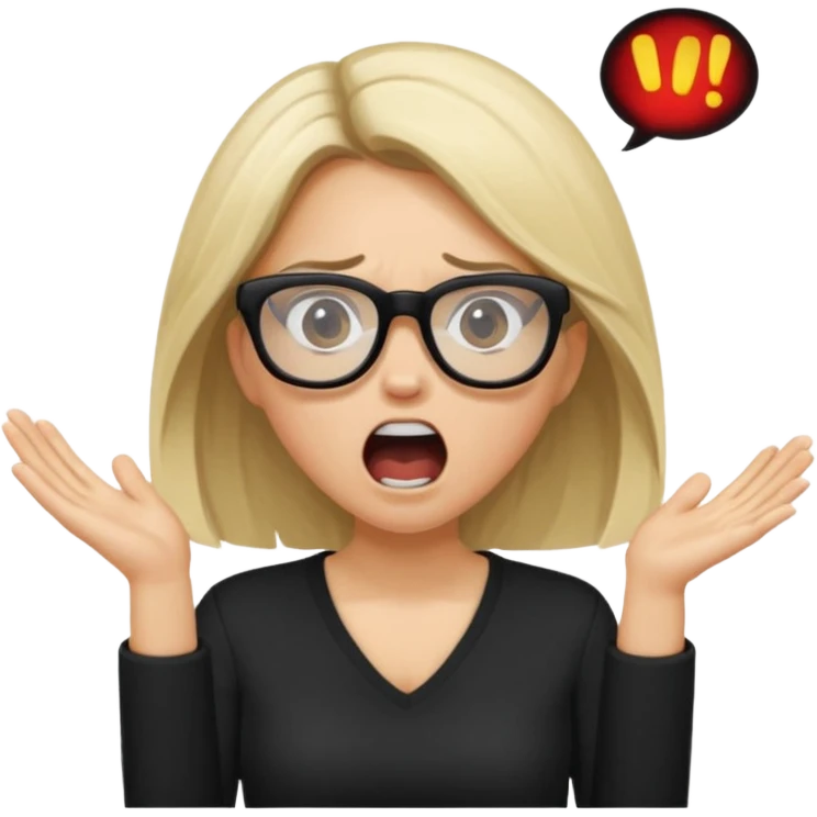 Young woman, wearing black clothes, brunette/blonde with loose hair, wearing white glasses, shouting bad words emoji