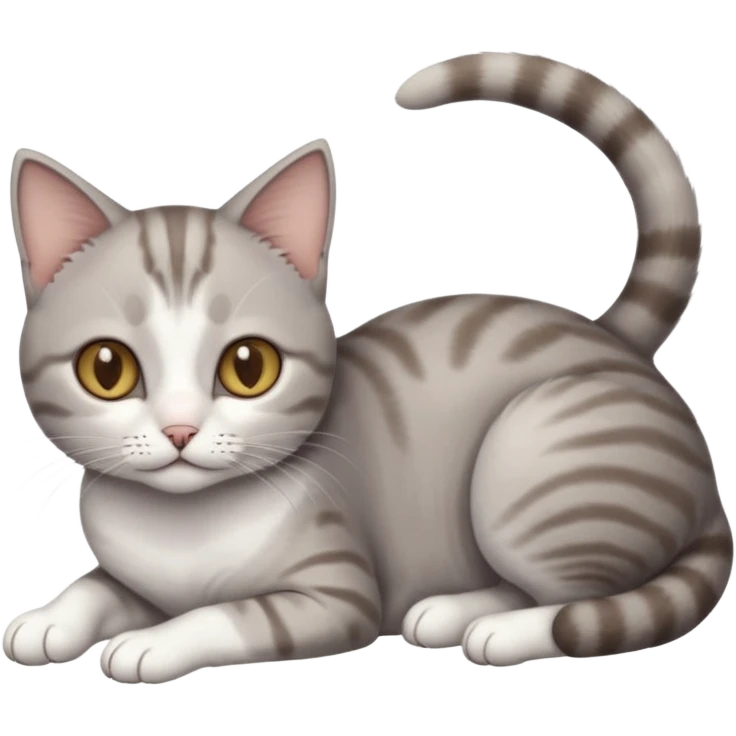 full body tiny short hair grey and white cat with white front legs anh azel eyes lying down emoji