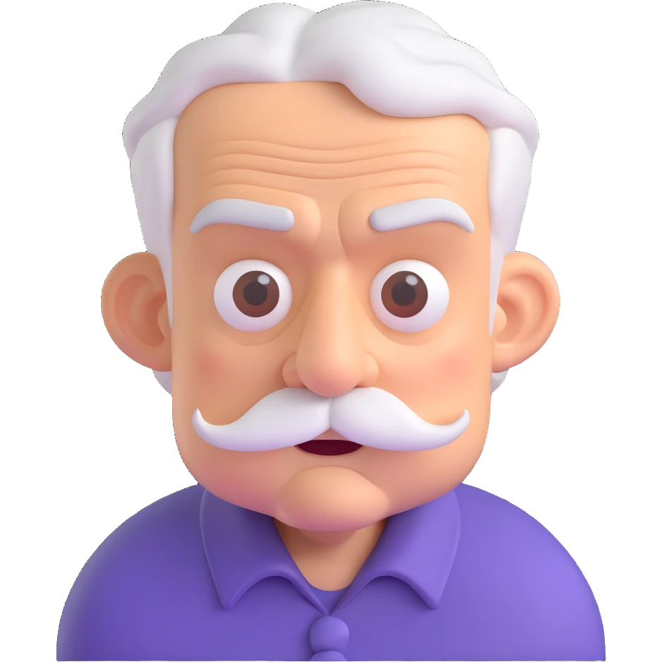 angry old man, 3D emoji style, frowning, white mustache, bushy eyebrows emoji