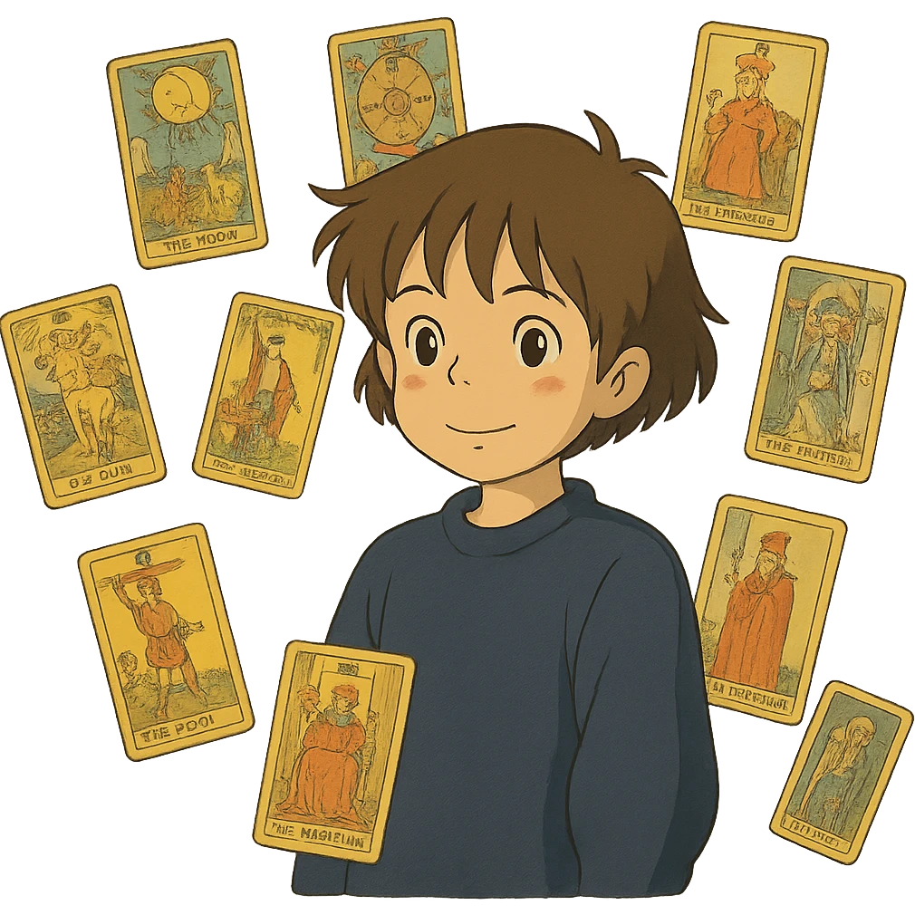 cartoon character surrounded by floating tarot cards emoji