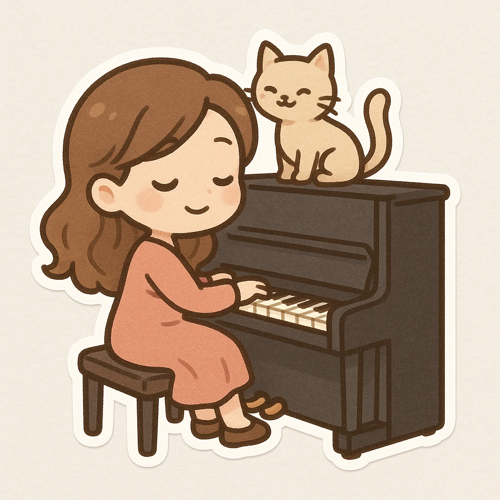 woman playing piano while her cat sits on top of the piano emoji