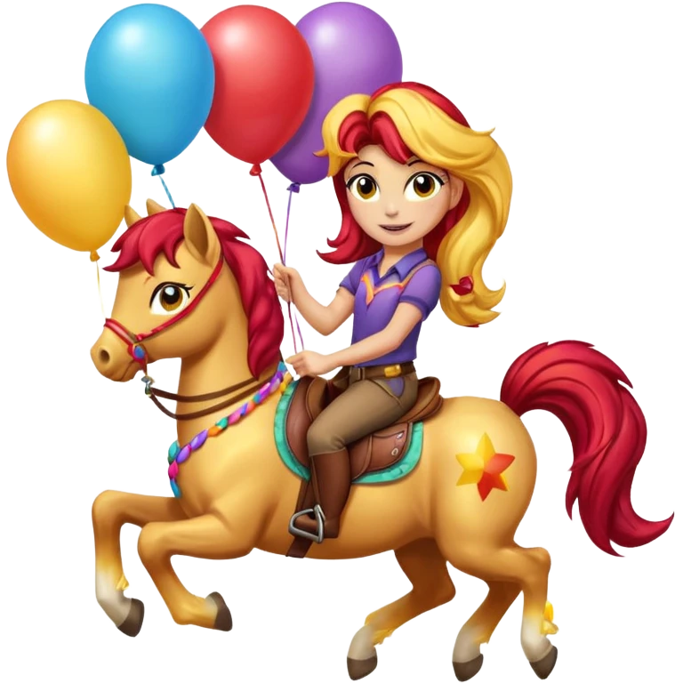 sunset shimmer mlp holding colorful balloons tied to its saddle, looking cheerful. emoji