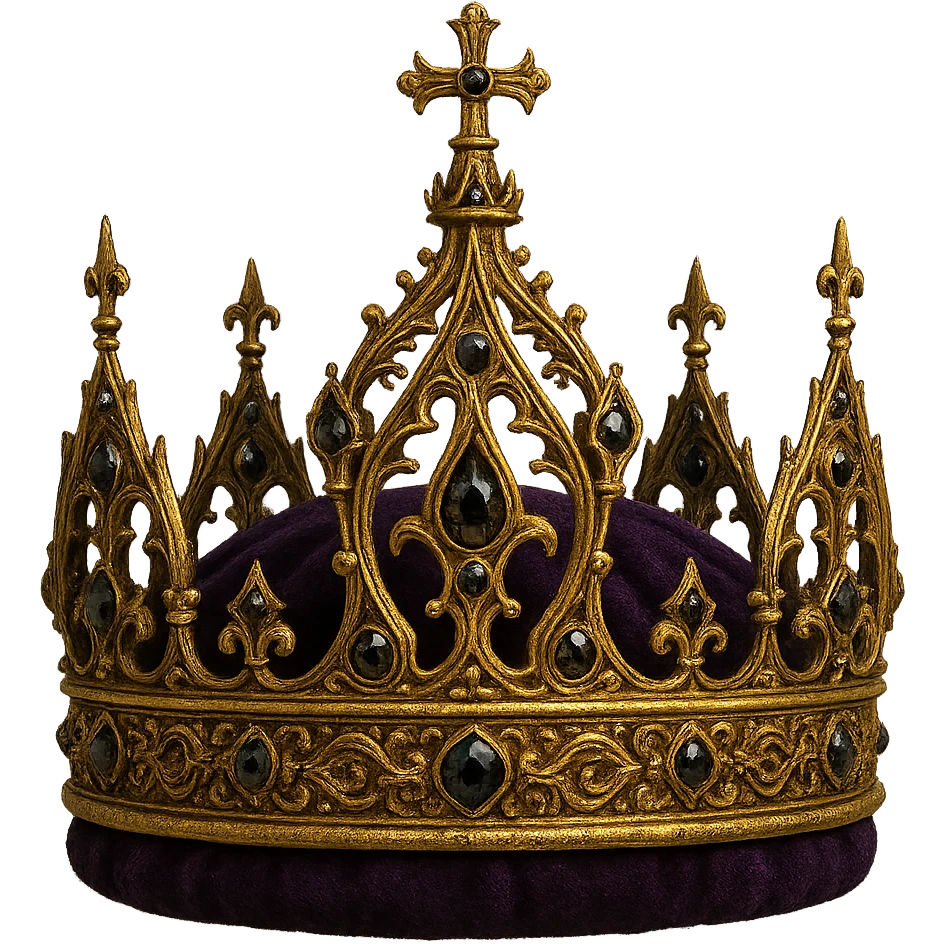 gothic crown in gold with purple velvet and black diamonds, ornate and royal emoji