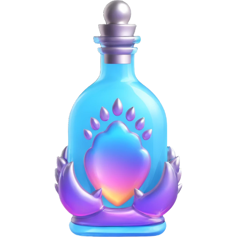 monster paw-shaped luxurious elixir bottle, vibrant color, iridescent and silver details, intense magical glowing and sparkling effects, very small neck, seamless bottom, transparent background, floating, no base or shadow, modern, matching a collection emoji