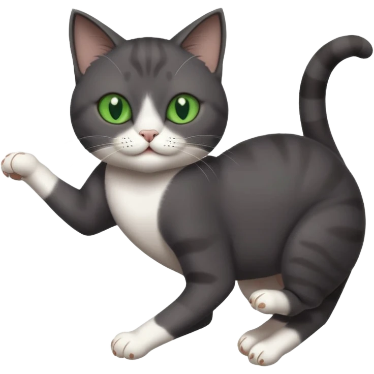 dark grey cat with green eyes, white toes/paws and white patch on her chest playfully rolling upside down emoji
