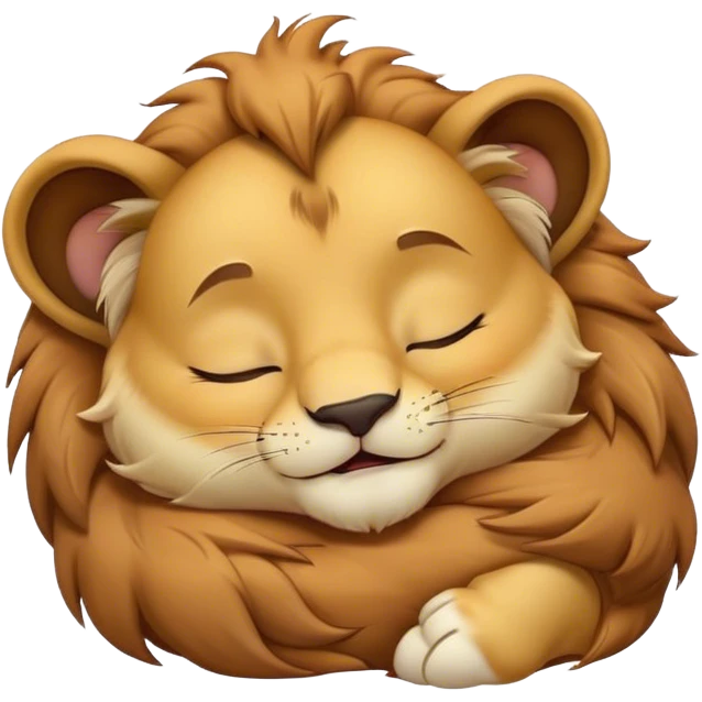 Meme-Worthy Cute Sleeping Lion Cub Portrait Emoji, Head resting peacefully with a contented smile, showcasing a robust build and a luxuriously soft tawny Fur with a flowing mane, eyes shut in a serene, restful nap, Simplified yet hilariously adorable features, highly detailed, glowing with a soft, drowsy light, high shine, relaxed and utterly lovable, stylized with an air of playful laziness, bright and heartwarming, soft glowing outline, capturing the essence of a comically sleepy Lion Cub, so meme-worthy it feels like it could instantly become the next viral sensation of adorable slumber! emoji
