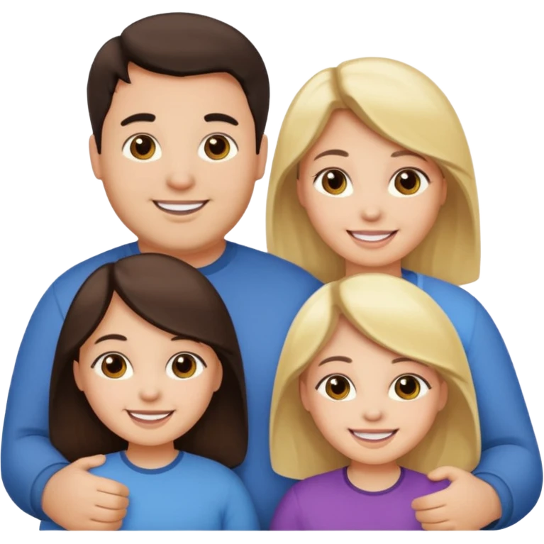 Familia de 4 personas sonriendo: Hombre gordito pelo oscuro, Mujer pelo cafe, hija 1 pelo mono e hija 2 pelo oscuro. emoji