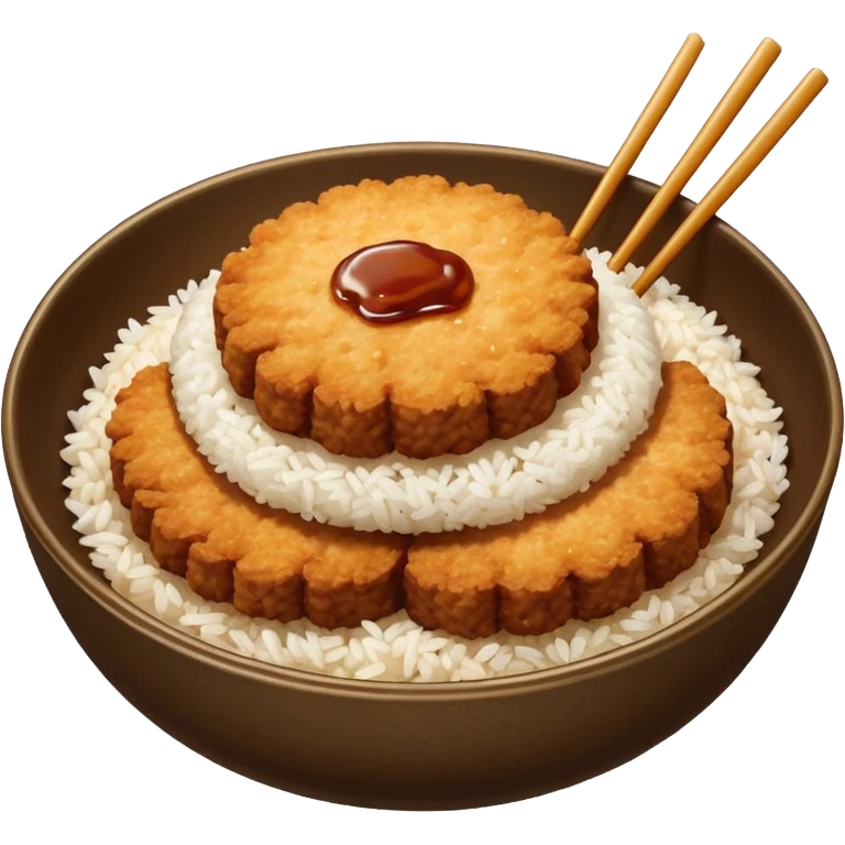 bowl filled with rice, a bit of brown sauce over the rice and a breaded pork cutlet over it. no cutlery or chopsticks anywhere emoji