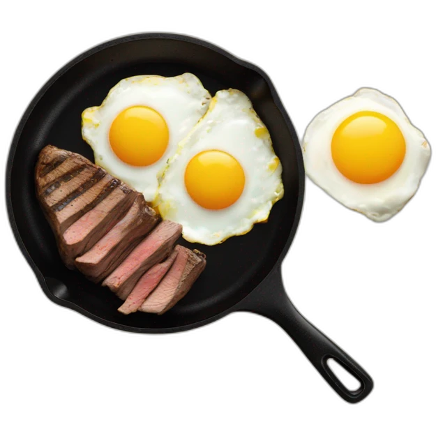 steak and eggs on a black frying pan emoji