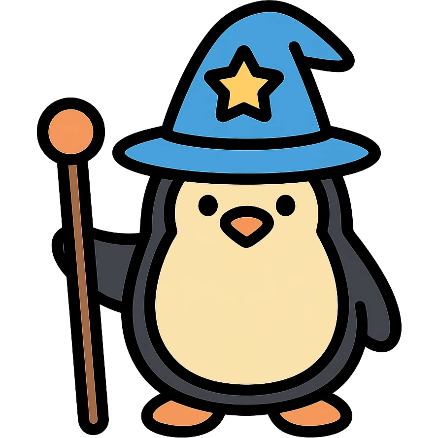 penguin wizard holding a staff, wearing a wizard hat, colored icon with black outlines emoji