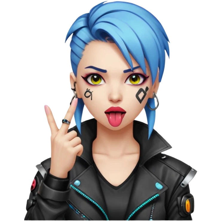 Woman with her tongue out in cyberpunk clothing and giving the middle finger. Looking naughty. emoji