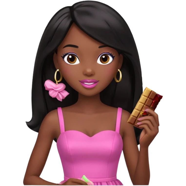 Black barbie, long black  hair, pink dress eating chocalate bar emoji