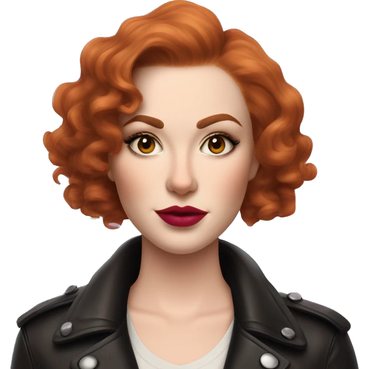 Woman with very pale skin, true red curly short hair with a side part, heavy cat-eye makeup, long eyelashes, bright pink blush and lipstick.  Her eyebrows are dark, arched and very high.  Hazel eyes. Big lips. Thin. Wearing a leather jacket  emoji