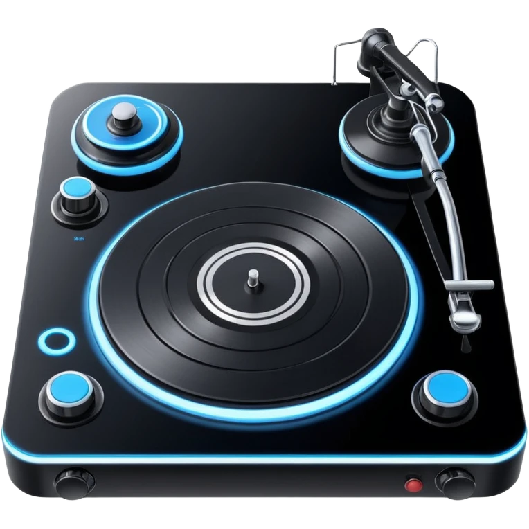 Two sleek, modern turntables with glowing buttons and sliders, connected by a central mixer. Minimal, bold lines and smooth shading so it looks like a real emoji. Simple and clean, designed to be recognizable even at small size. emoji