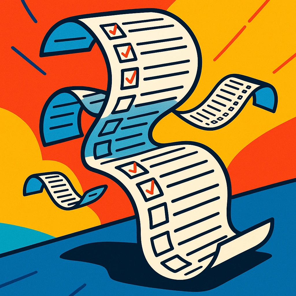 never-ending to-do list paper twisting and turning with exaggerated curves, filled with rows of tiny checkboxes, fading away in a vibrant cartoonish scene emoji