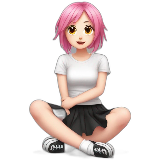 Full body Front view curvy emo girl pink hair sits on the floor straight view hands up black skirt белые трусики emoji