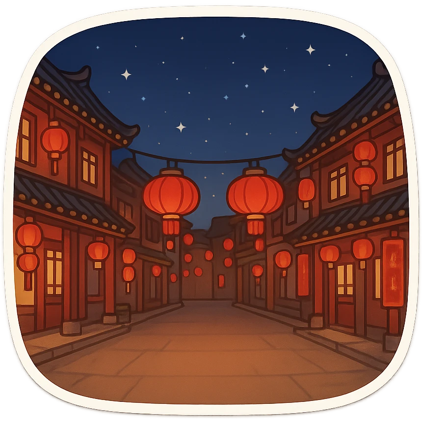 一条漂亮的中国街道，春节气息，中间有一片空地，夜晚，星空 emoji