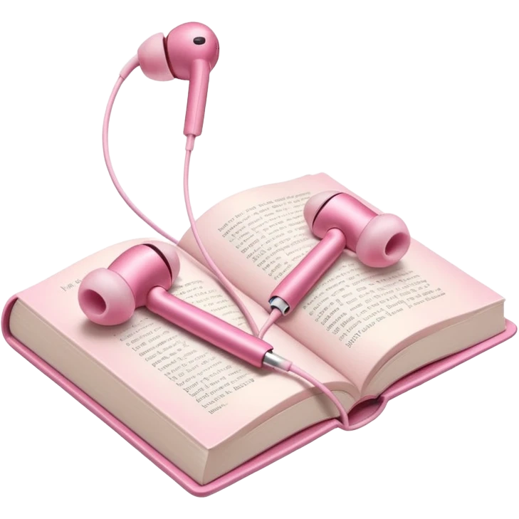  pink Pink Apple-style earbuds lying on an open book, soft pastel tones, cozy and minimal aesthetic, realistic lighting and shadows, top-down view, transparent background" emoji