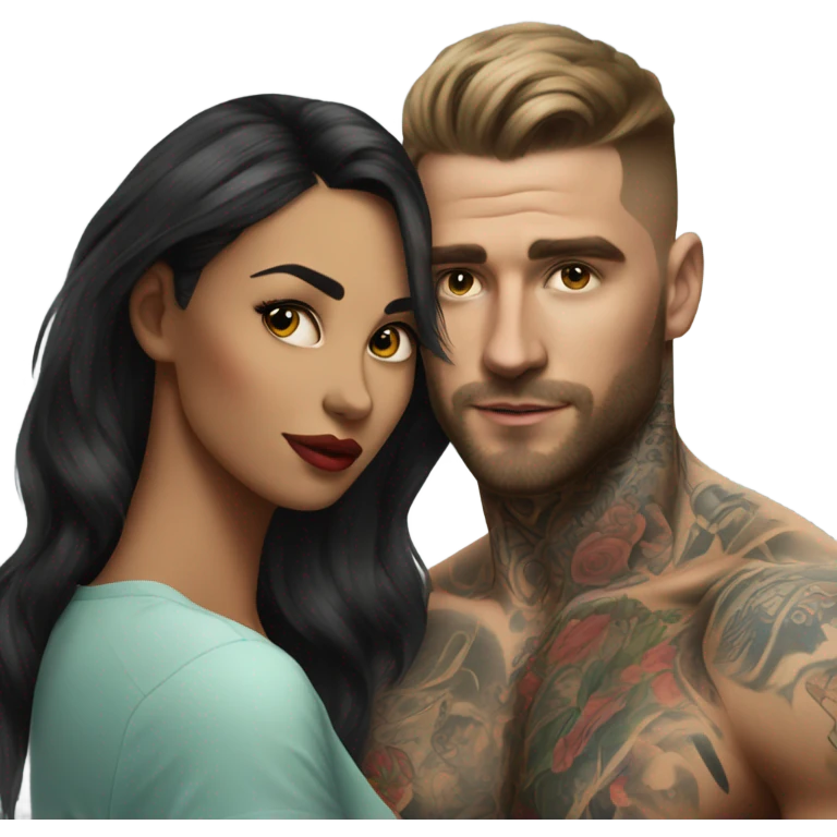 Hyper Realistic beautiful woman looking at a handsome tattooed man  emoji