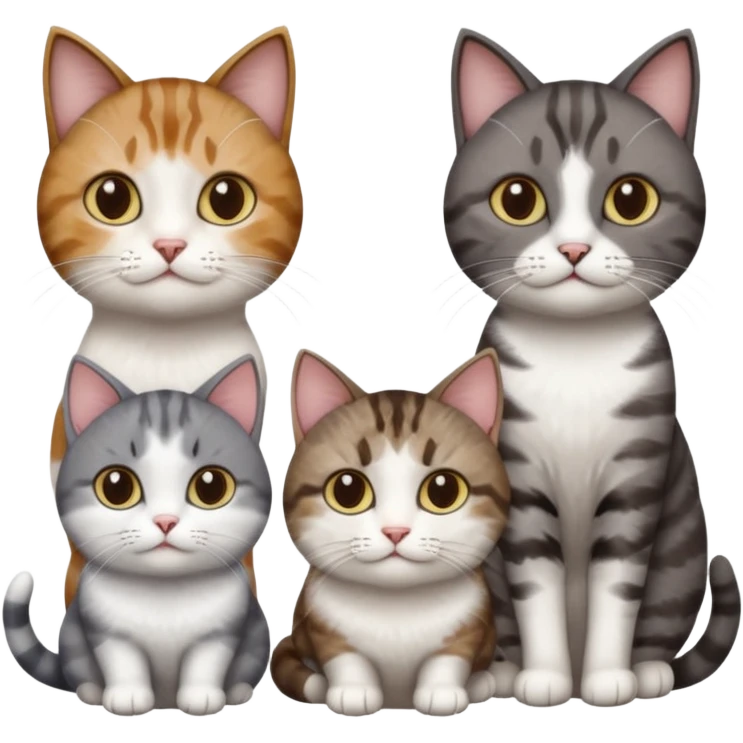 4 different coloured short haired cats including; a dark brown tabby and white cat, and a dark grey and white  emoji