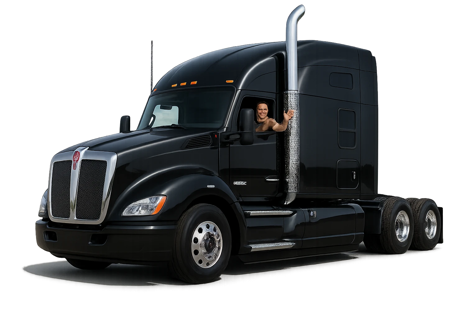 Modern black Kenworth W680 semi sleeper, chrome stack, person in the cab with arm out the window, crisp and professional, transparent background emoji