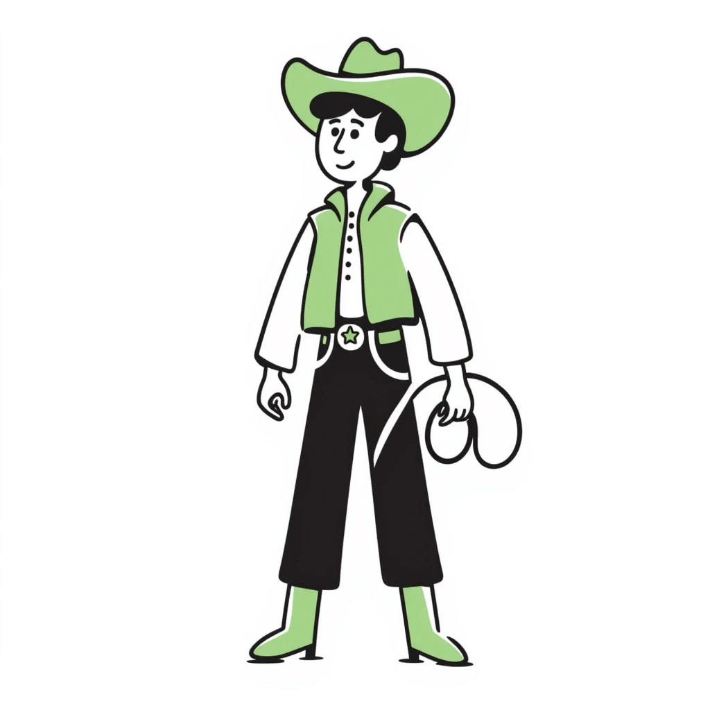 Cowboy wearing a bright green hat with no star, lasso in hand, western outfit emoji