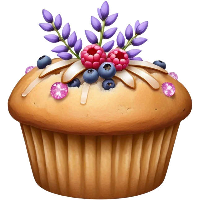Lavender flower sprigs on a muffin with berries and sugar crystals without frosting  emoji