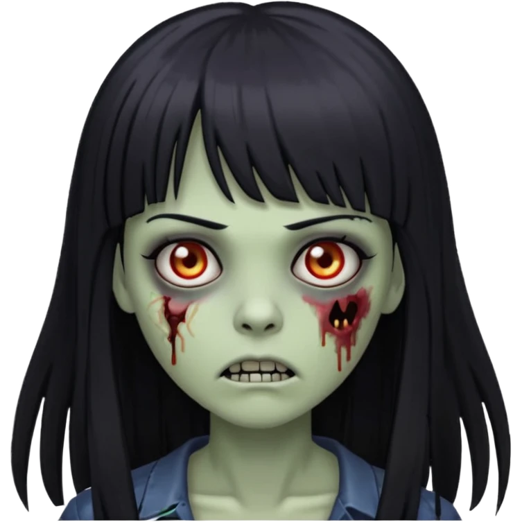Uma zumbi com cabelos pretos lisos e longos com uma franja emoji