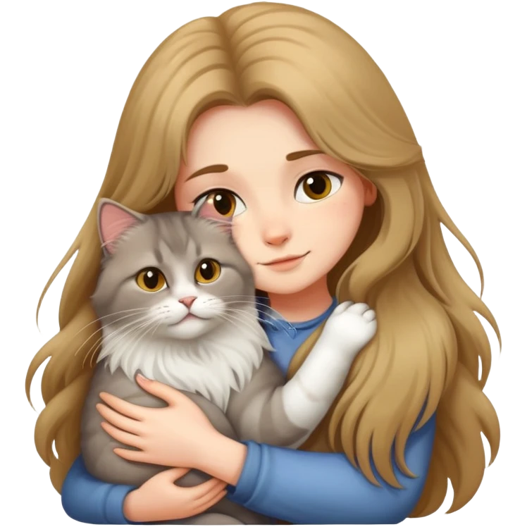 A long-haired girl hugs a British longhair cat tightly emoji