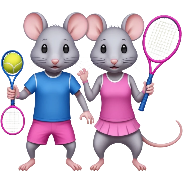 Male and female rat playing tennis one wearing blue the other wearing pink and the one wearing pink to be significantly shorter than the one wearing blue about half the size emoji