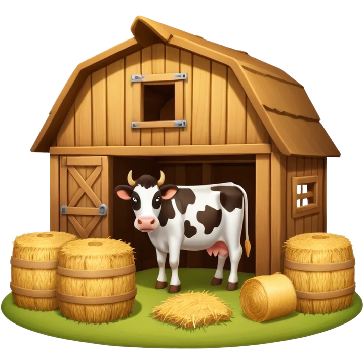 cow barn object icon, wooden stable building, hay bales near entrance, warm light, farm style, 3D cartoon, mobile game icon style, centered, clean background, no text, no watermark
 emoji