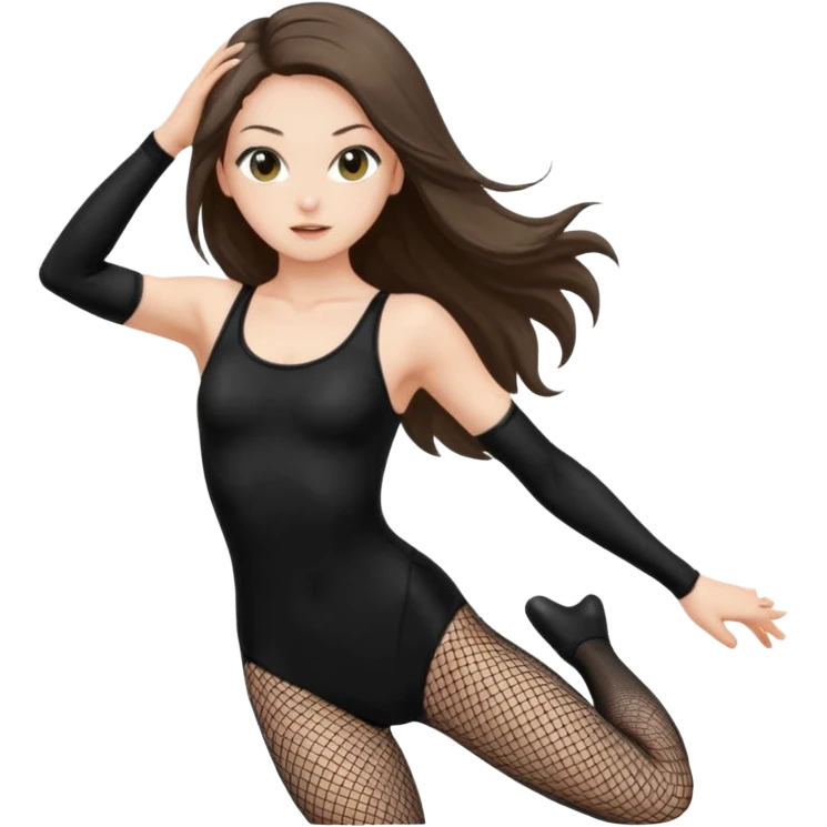 pretty white brunette teen long hair with hazel eyes in a black leotard and fishnets in a jump emoji