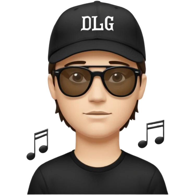 Emoji of a white man with short dark brown hair under a black baseball cap, wearing a black t‑shirt and 1980s‑style black Ray‑Ban rectangle sunglasses black lenses, with black musical notes floating around his head,  word "DLG" written on the hat emoji