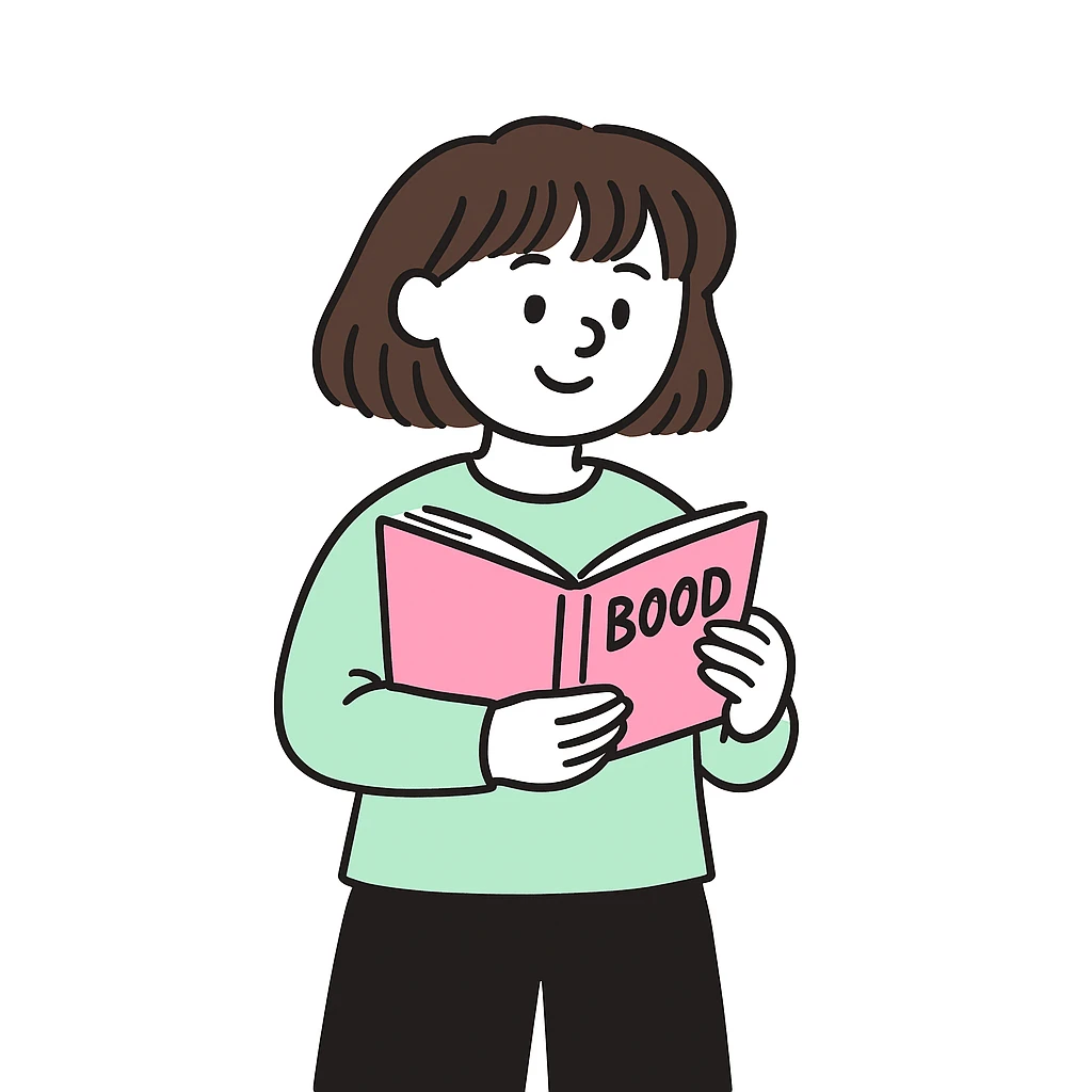A girl with shoulder-length, slightly darker brown hair holding a pink book, wearing a long-sleeve mint shirt, in doodle style emoji