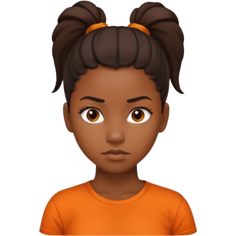 black girl with pony tail and orange shirt serious look emoji