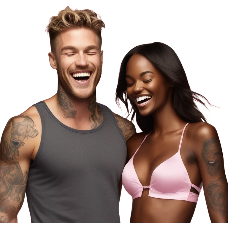 Photo of Victoria secret model laughing with a tattooed male model  emoji