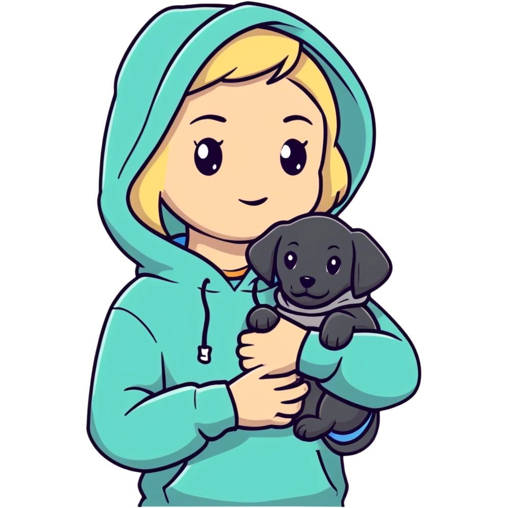 Blonde girl with smooth hair and a center part, light skin with freckles, wearing a hoodie and carrying a black baby labrador puppy in her arms emoji