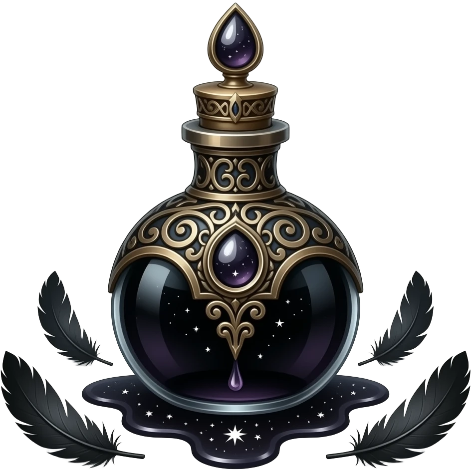 an obsidian scribe’s vial, forged in swirling dusk‑metal filigree, crowned with a teardrop seal, ink pooling like shadowed starlight around black fallen feathers, resting upon a silent dark plane, radiating the quiet gravity of forgotten words emoji