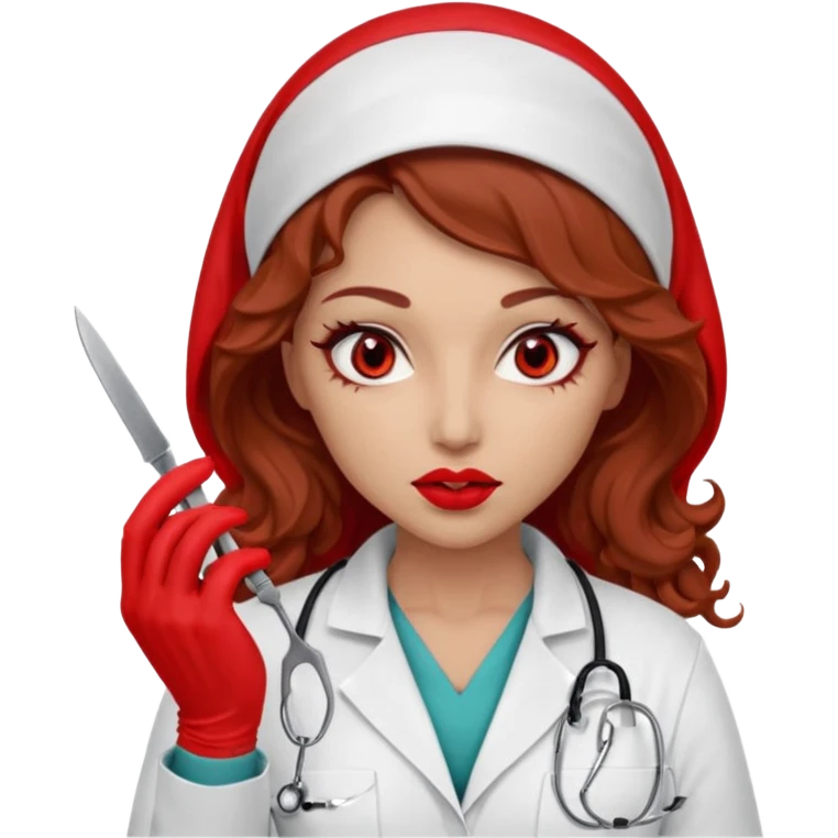 Scary woman scalpel in hand, evil surgeon sexy surgeon clothes.  She has red eyes. Her  brown long curly hair. Wears sexy doctor outfit with red gloves. make her hair free and brown but she  wear mouth cover   to hide. Wears white surgeon jacket and hijab cover lips  emoji