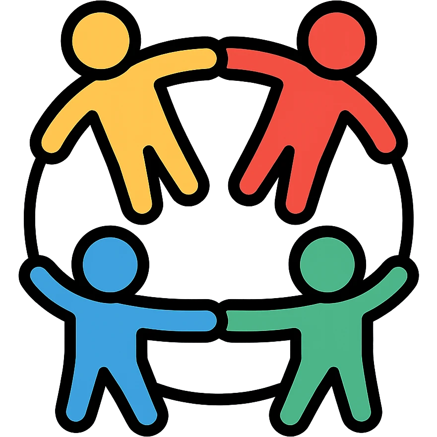 colorful stick figure humans standing in a circle, holding hands, unity, playful simple icon emoji