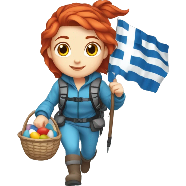 Female winter mountaineer red hair white skin climbing with Greek Flag and Easter eggs basket emoji
