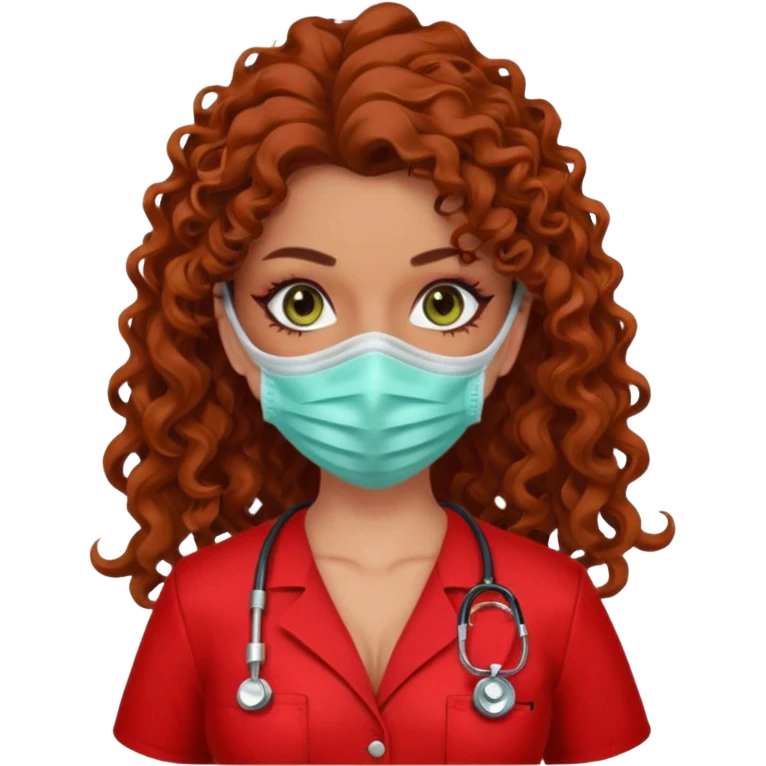 Sensual Spanish Lilith core evil surgeon.red outfit.  Surgeon has hazel-green eyes. Her hair is BROWN. Hair is also  long and  curly. wearing a sexy surgeon outfit with platform  heels.she is a calculated killer. She covers only her mouth and nose with mask to hide identity carries  emoji