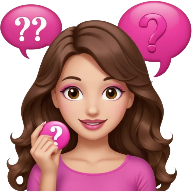 girl with long wavy brown hair, brown eyes, long lashes makeup, sexy pink lips, light to medium complexion, wearing a pink sexy top, shugging, smiling, question mark one speech bubble emoji