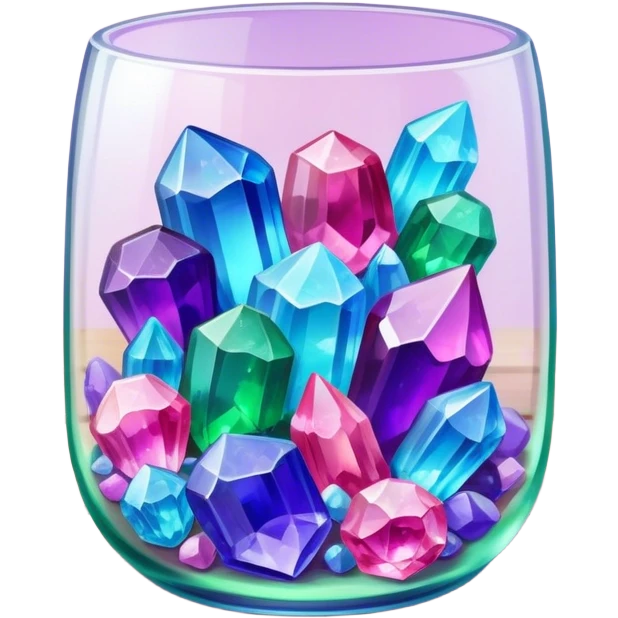 Close-up of vibrant, multicolored crystals growing in a glass container on a wooden table. Crystals in shades of purple, blue, green, pink, and clear are forming in various shapes and sizes. Soft light shines on them. Cozy indoor setting with plants and soft decor in the background. emoji