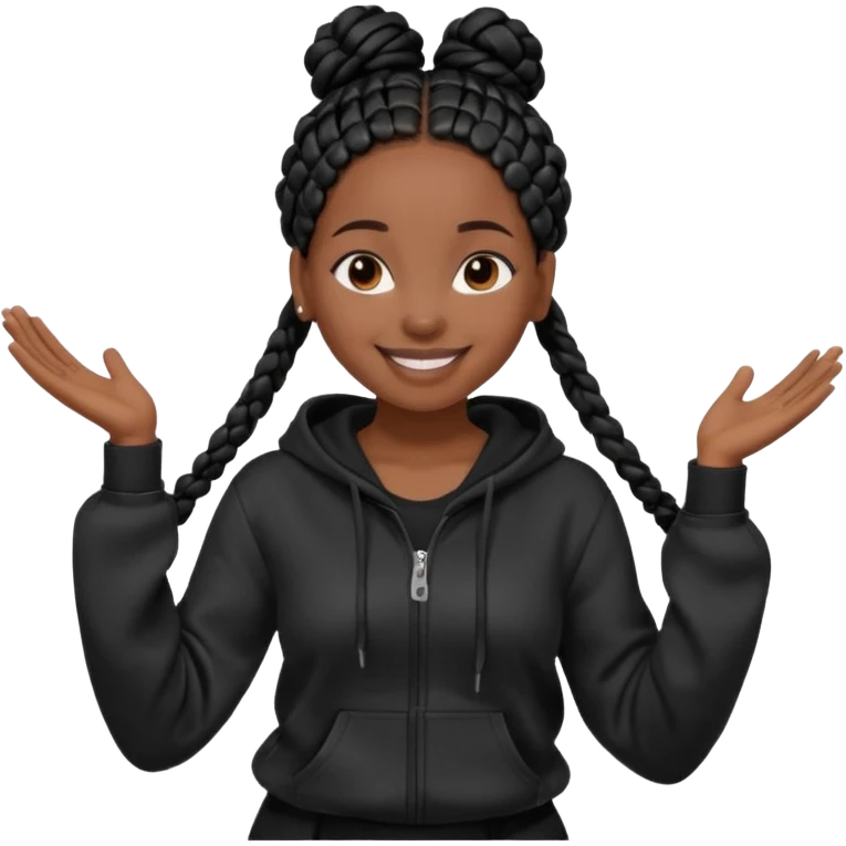 African American girl dark skin complextion long black box braids wrapped in a single bun wearing plain black hoodie dancing emoji