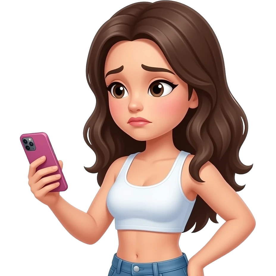una chica viendo a una influencer en su celular con un buen cuerpo  y maquillaje,la chica esta triste y a su  alrededor hay un pensamiento que dice por que yo no soy asi emoji