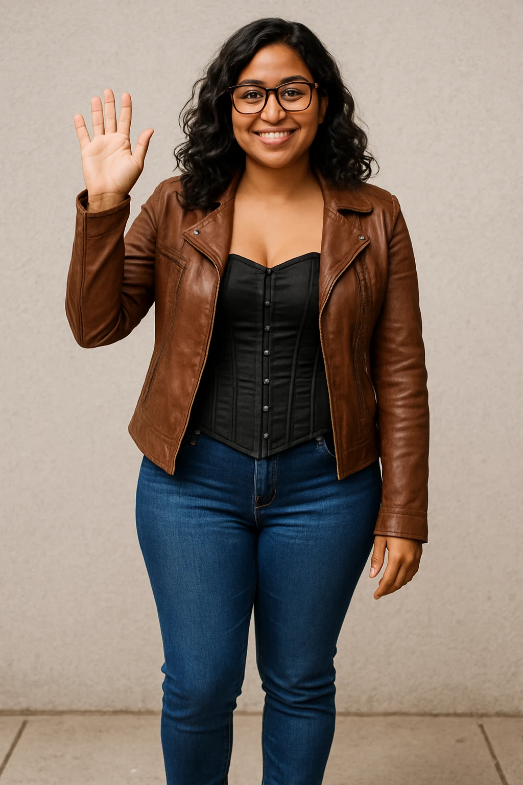 A woman with light brown skin, wavy black hair, and square-shaped glasses. She wears a black corset dress with a brown leather jacket, blue jeans, and brown ankle boots, waving hello. emoji