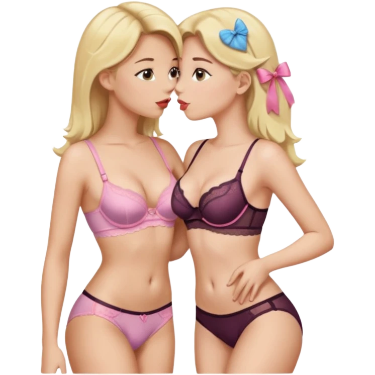 a blonde girl in her bra and a brunette in her underwear and they're both kissing emoji