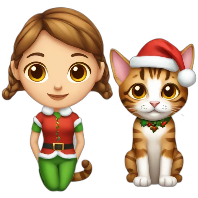 brown hair female christmas elf with a bengal cat emoji